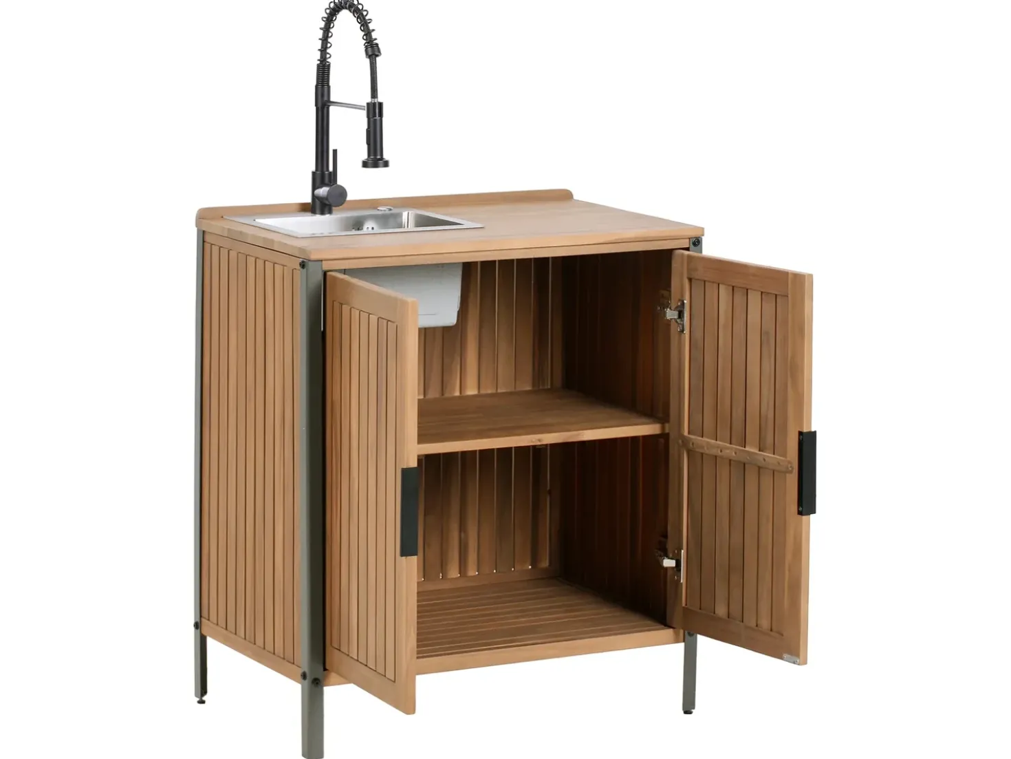 Set cucina da esterno 3 elementi con lavello IVREA Legno di acacia certificato Marrone/Nero