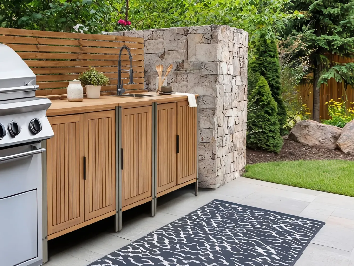 Set cucina da esterno 3 elementi con lavello IVREA Legno di acacia certificato Marrone/Nero