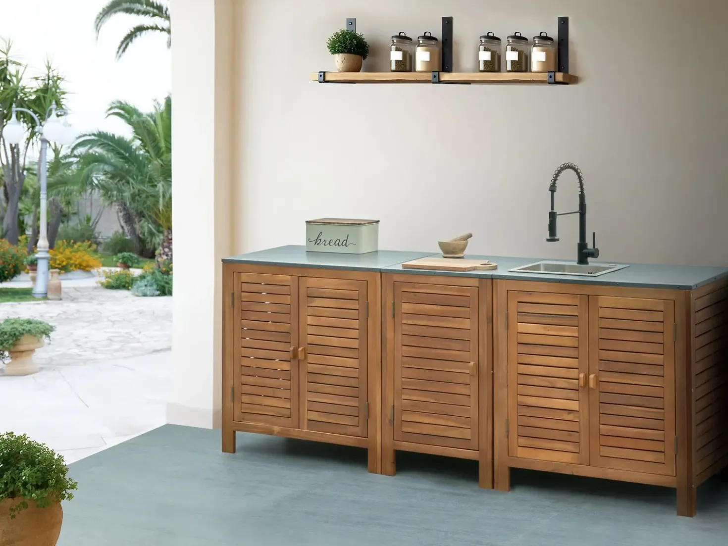 Set cucina da esterno 3 elementi con lavello BRUCOLI Legno d'acacia Marrone/Nero