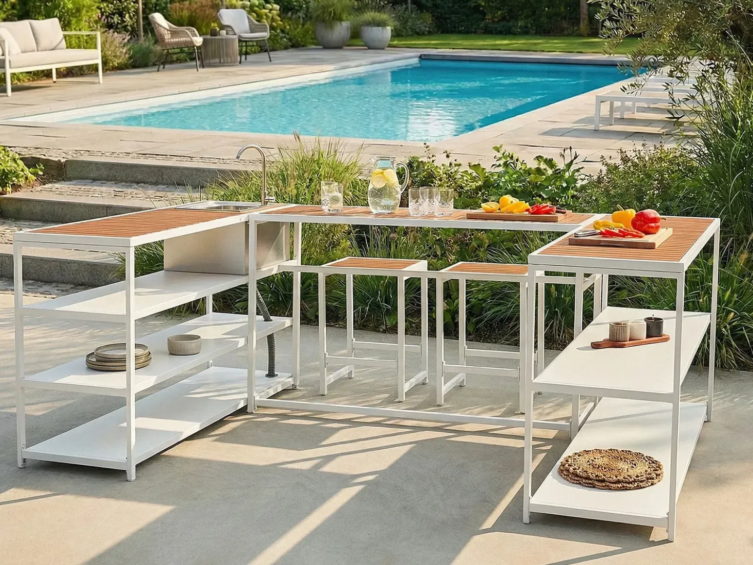 Set cucina da esterno con lavello AVETRANA Metallo Marrone/Bianco