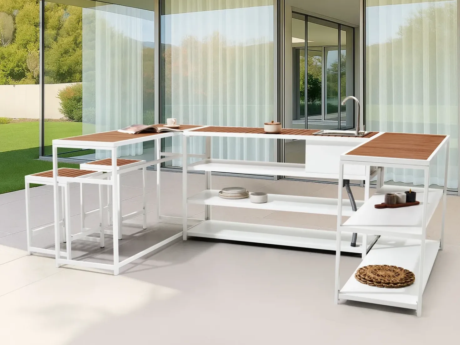 Set cucina da esterno con lavello AVETRANA Metallo Marrone/Bianco