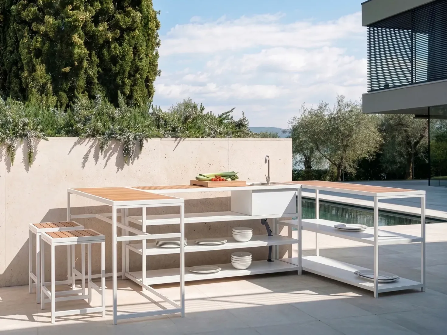 Set cucina da esterno con lavello AVETRANA Metallo Marrone/Bianco