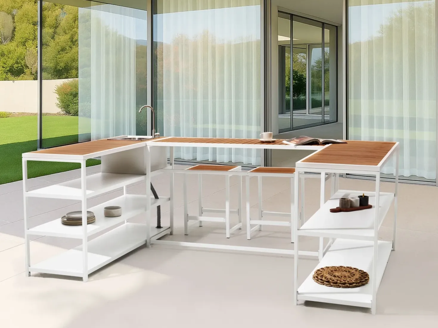 Set cucina da esterno con lavello AVETRANA Metallo Marrone/Bianco