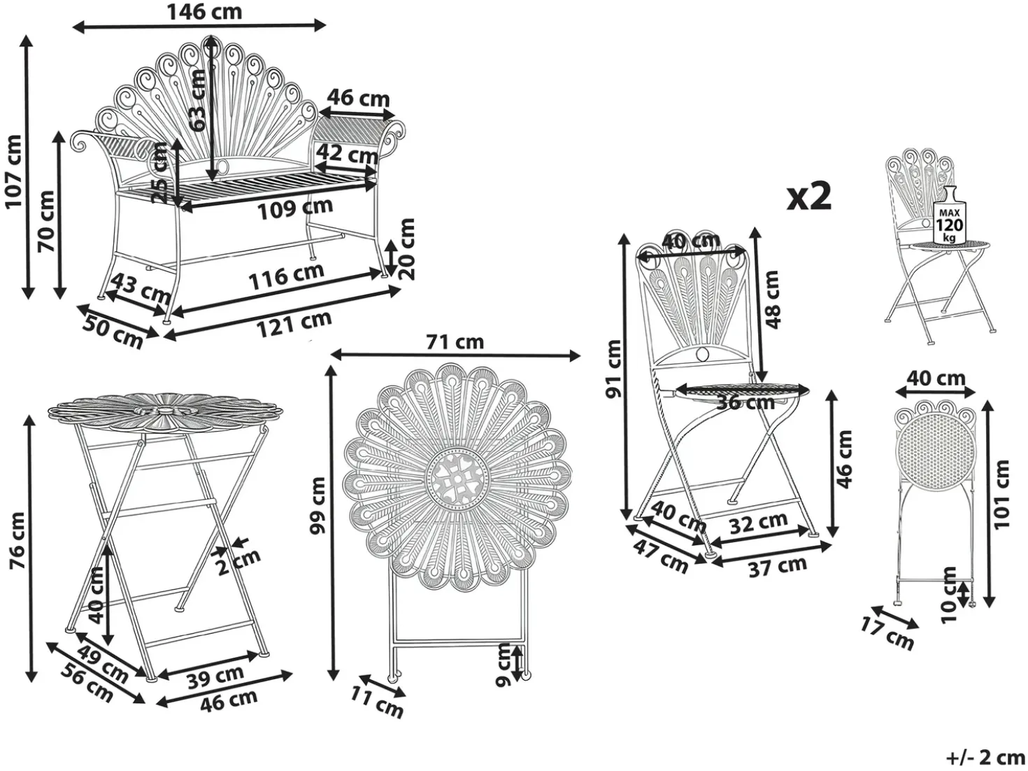 Set da bistrot con panca PAVIA Metallo Bianco sporco