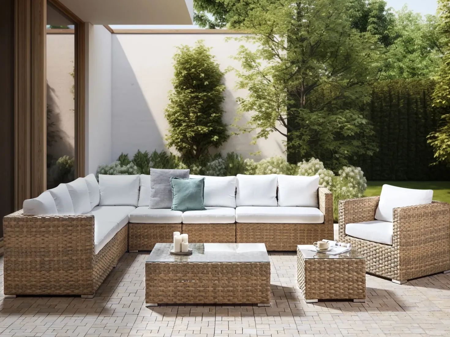 Set da giardino con tavolo 8 posti XXL Lato destro Modulare Rattan sintetico (PE) Marrone chiaro
