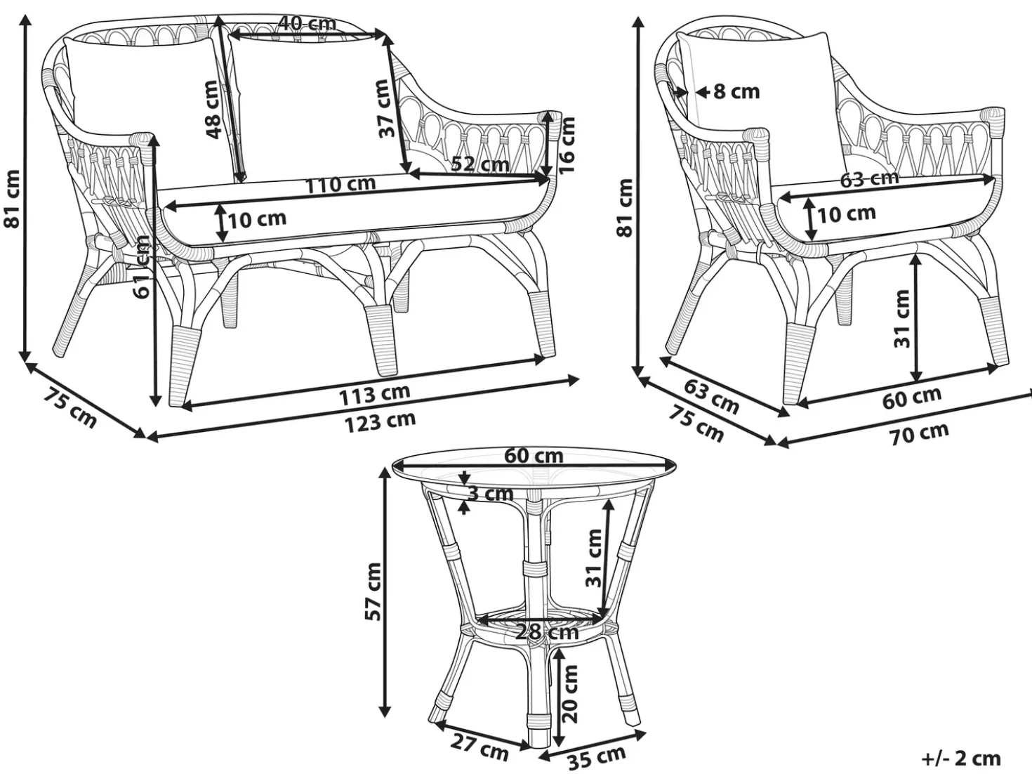Set da giardino con tavolo 4 posti SIBARI Rattan Naturale