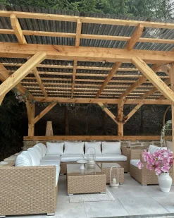 Set da giardino con tavolo 8 posti XXL Lato destro Modulare Rattan sintetico (PE) Beige sabbia