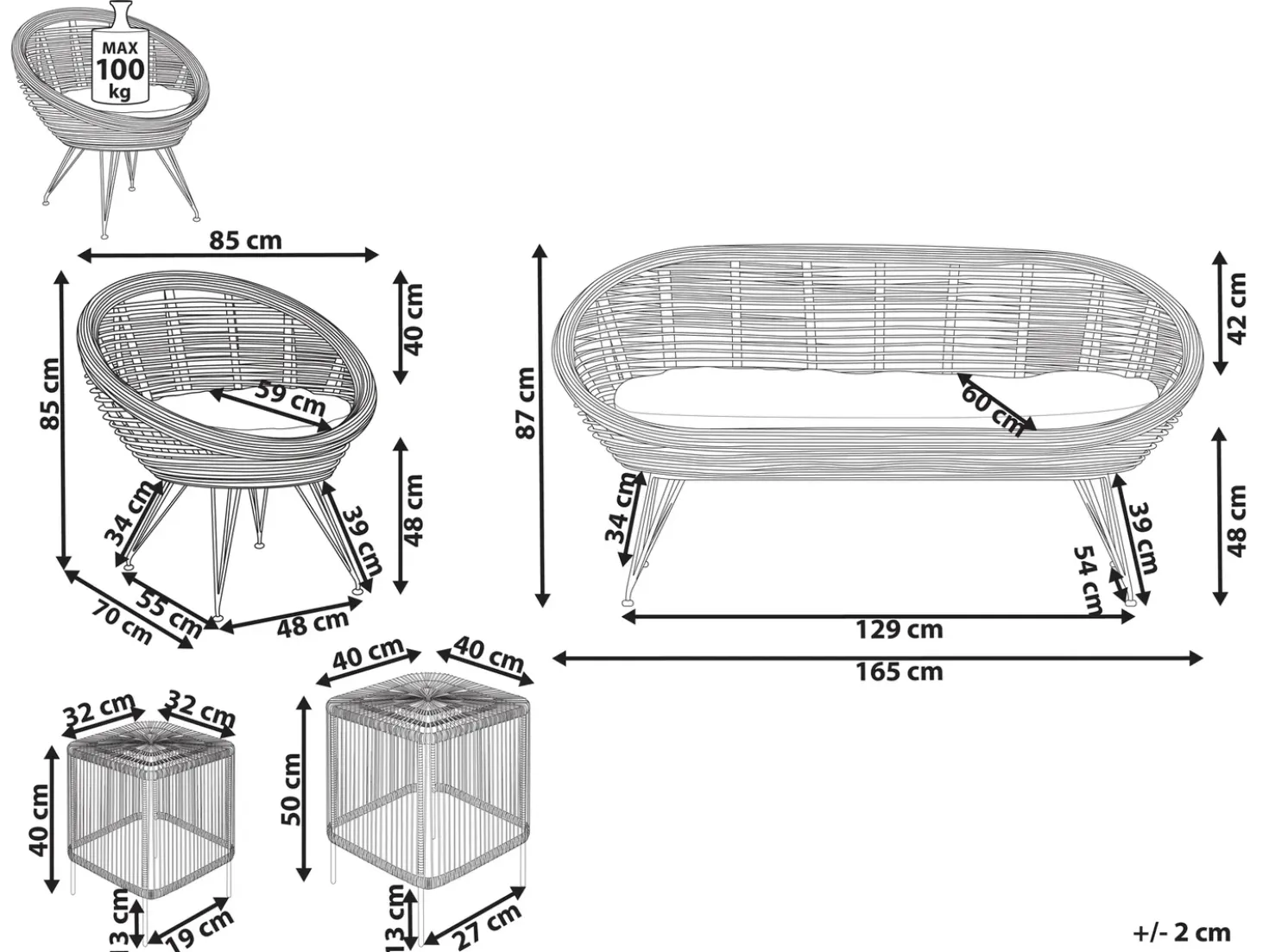Set da giardino con tavolo 3 posti MARATEA/CESENATICO Rattan Naturale