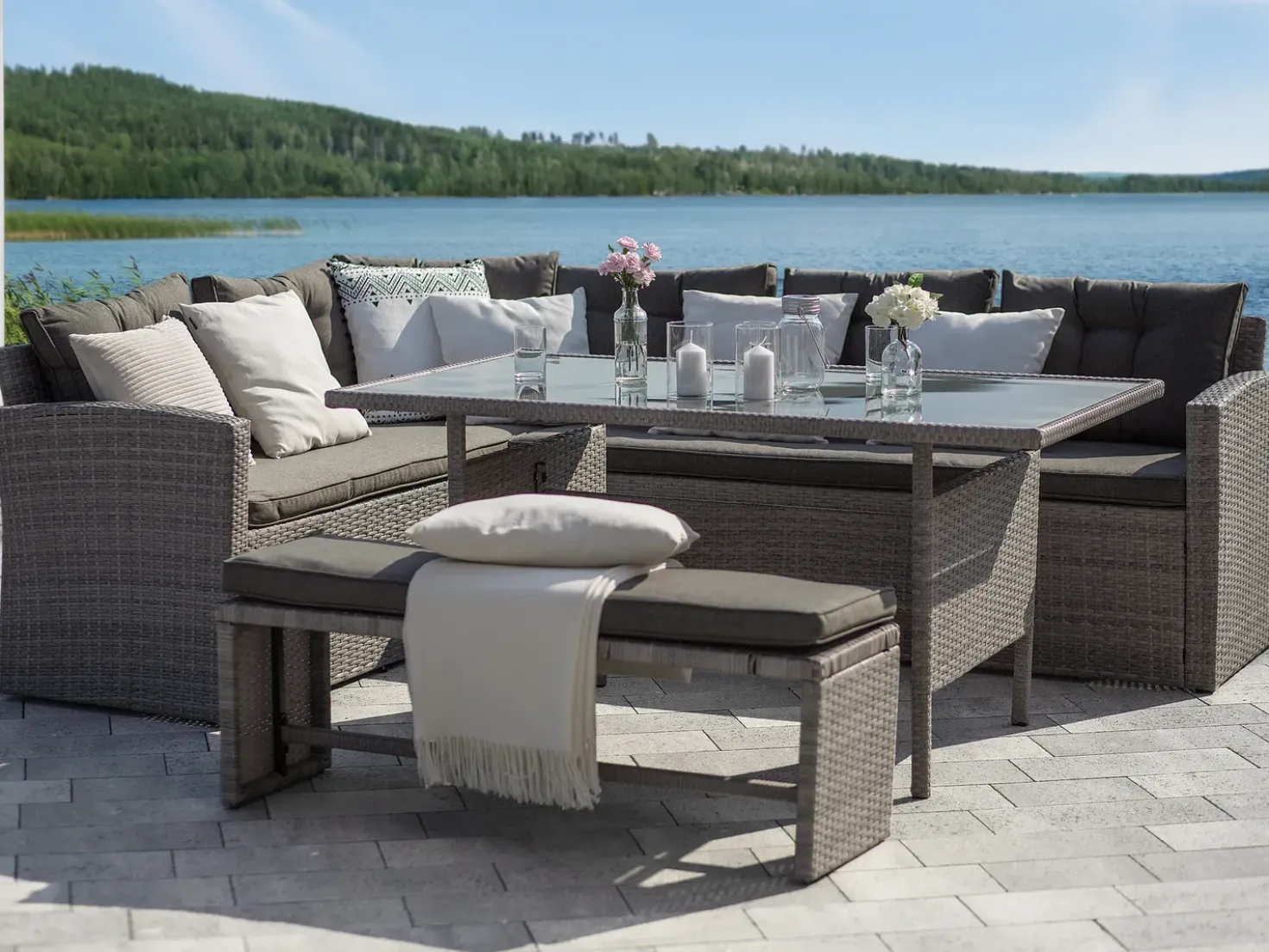 Set da giardino con tavolo 8 posti VITERBO con cuscini Rattan sintetico (PE) Grigio