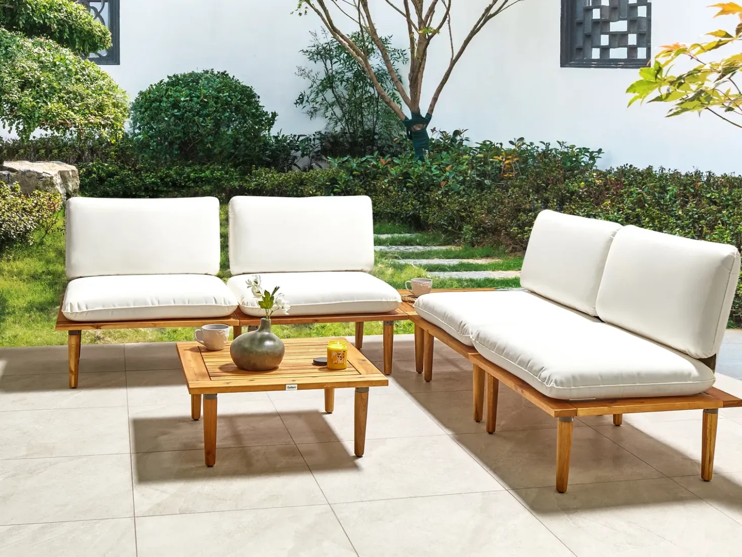 Set da giardino con tavolo 4 posti FRASCATI Modulare Legno di acacia certificato Bianco sporco