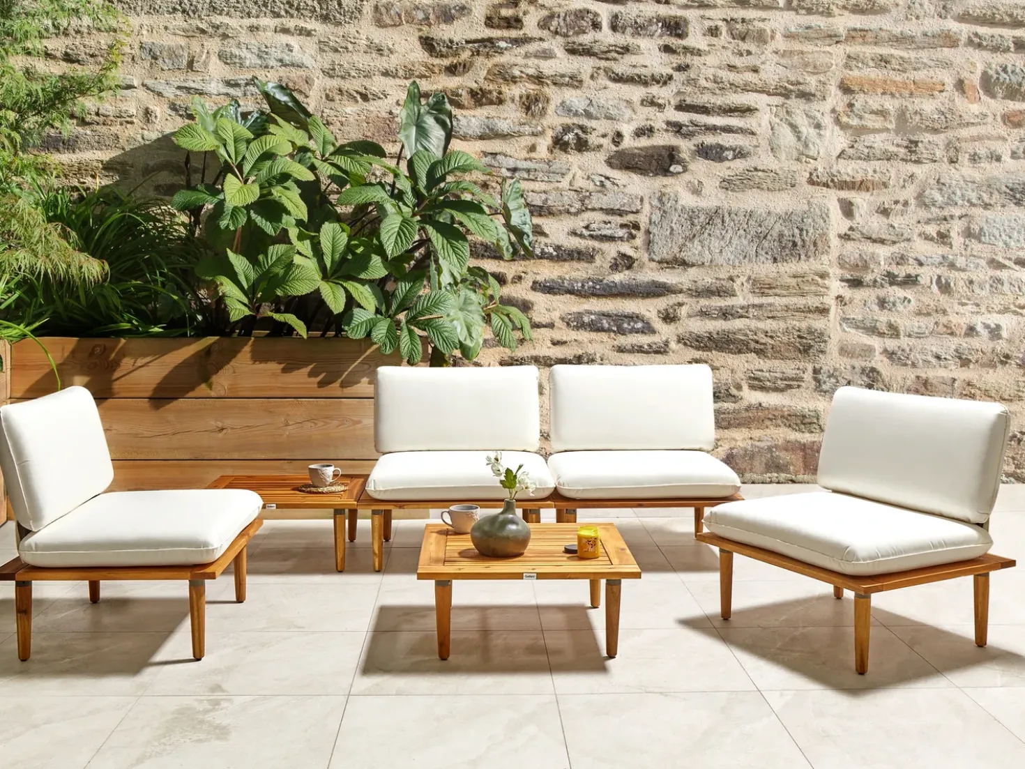 Set da giardino con tavolo 4 posti FRASCATI Modulare Legno di acacia certificato Bianco sporco