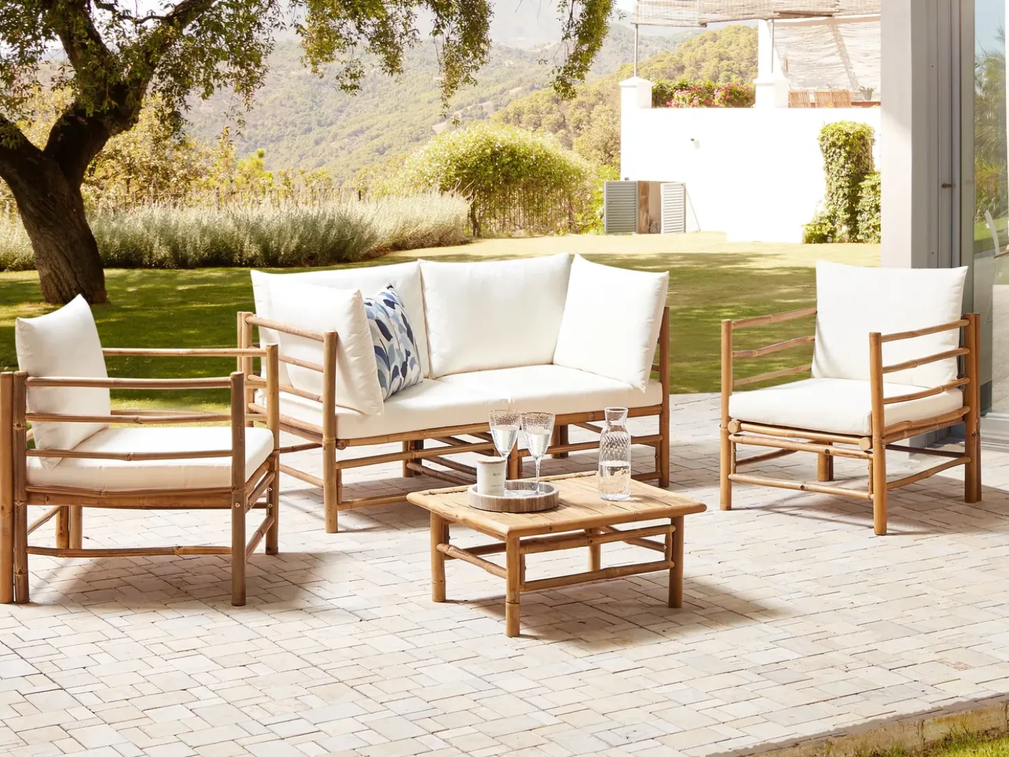 Set da giardino con tavolo 4 posti CERRETO Bambù Bianco sporco