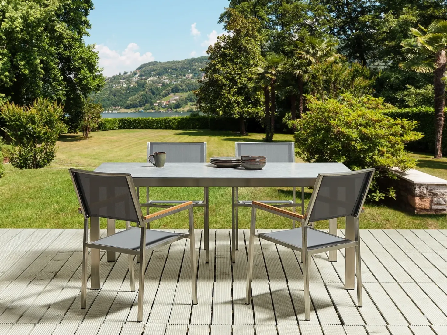 Set da pranzo da giardino 4 posti COSOLETO/GROSSETO Vetro temperato Effetto marmo Grigio