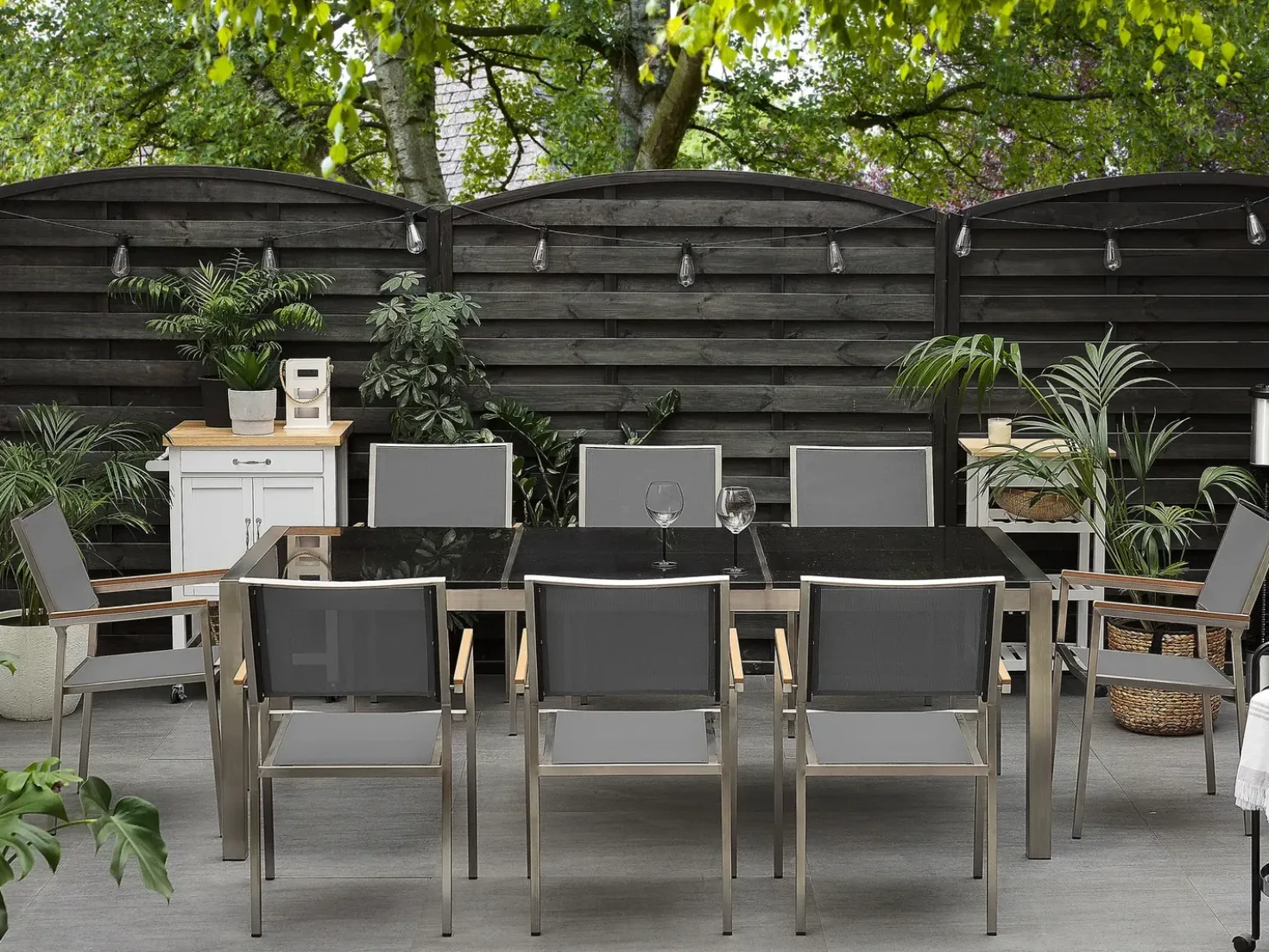 Set da pranzo da giardino 8 posti GROSSETO Piastra tripla Granito Lucido Nero/Grigio