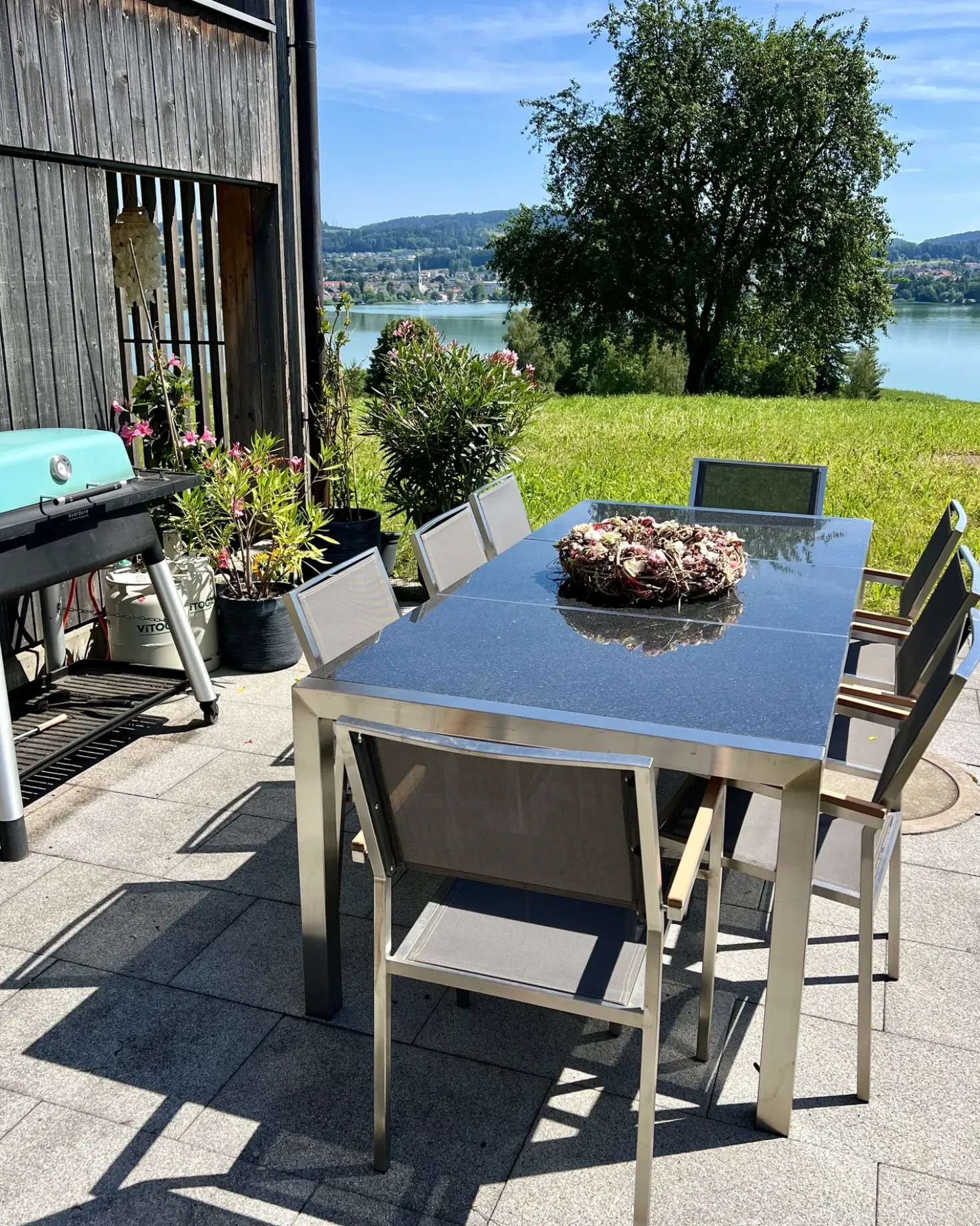Set da pranzo da giardino 8 posti GROSSETO Piastra tripla Granito Lucido Nero/Grigio