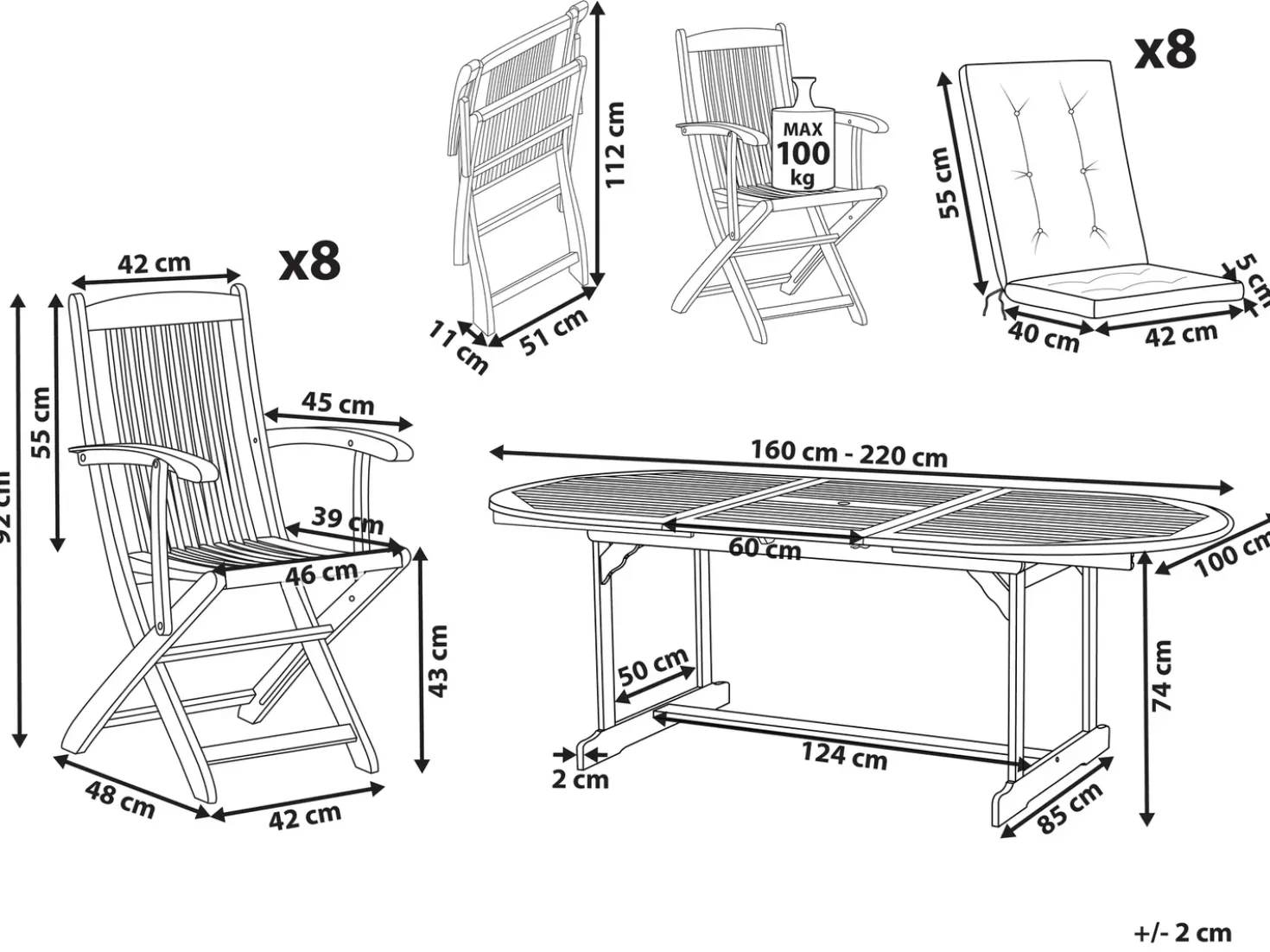 Set da pranzo da giardino 8 posti MAUI PREMIUM Legno d'acacia Tortora