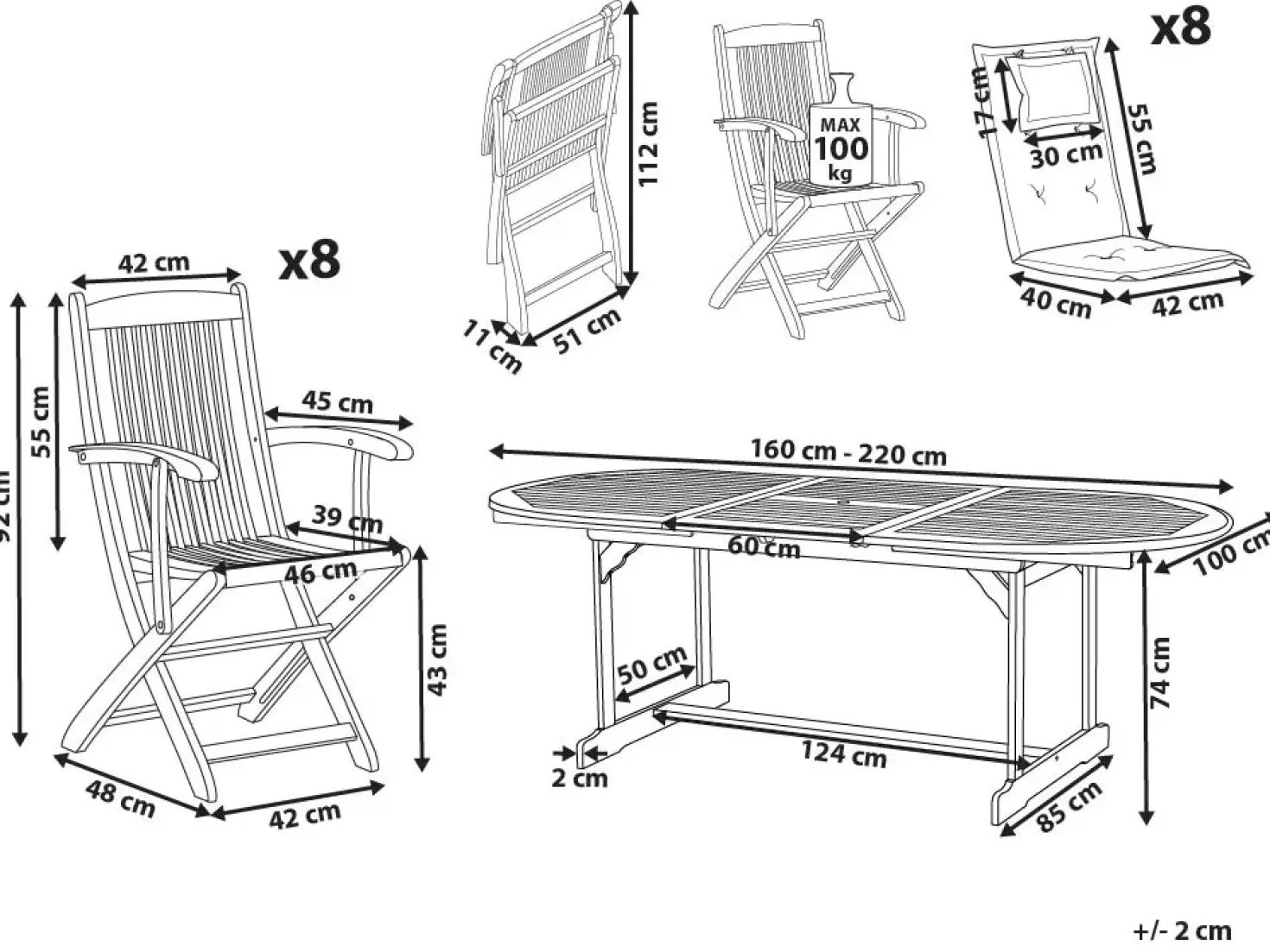 Set da pranzo da giardino 8 posti MAUI II con cuscini Legno d'acacia Bianco sporco