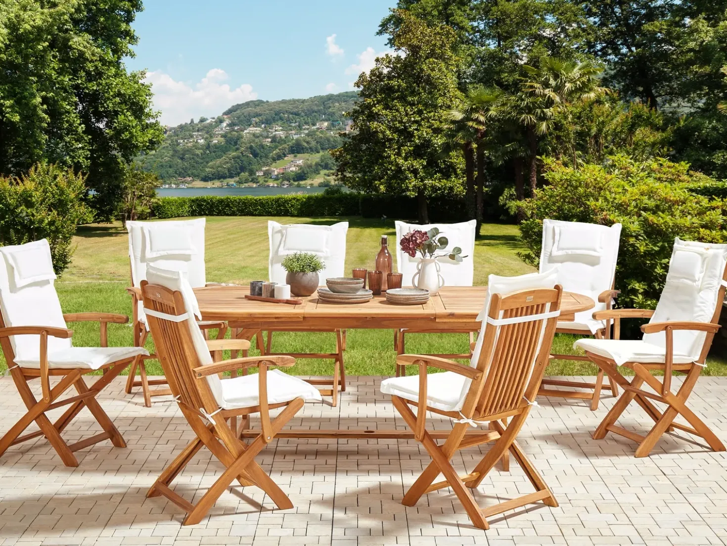Set da pranzo da giardino 8 posti MAUI II con cuscini Legno d'acacia Bianco sporco