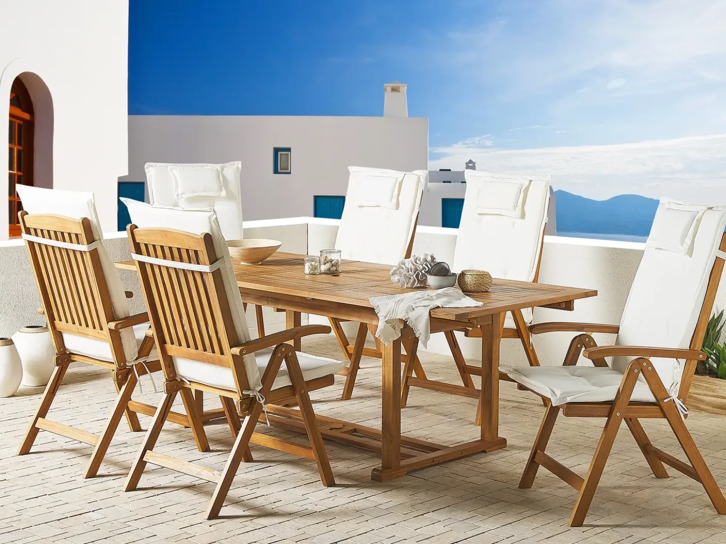 Set da pranzo da giardino 6 posti JAVA con cuscini Legno d'acacia Bianco sporco