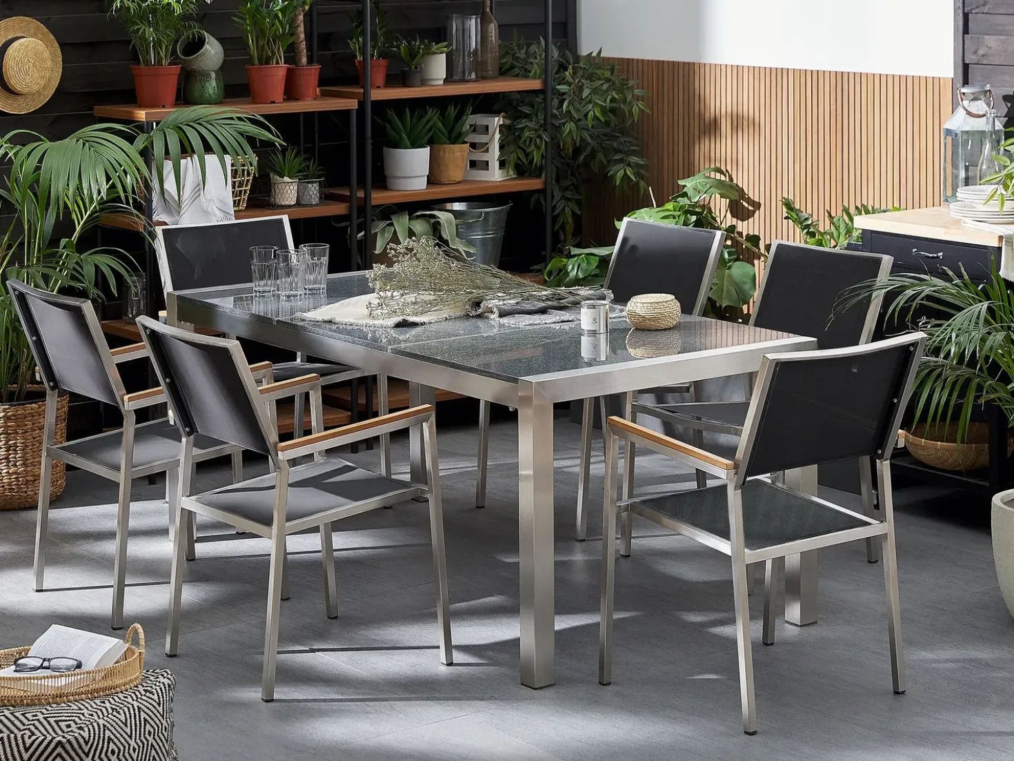 Set da pranzo da giardino 6 posti GROSSETO Piastra tripla Granito Lucido Nero/Grigio