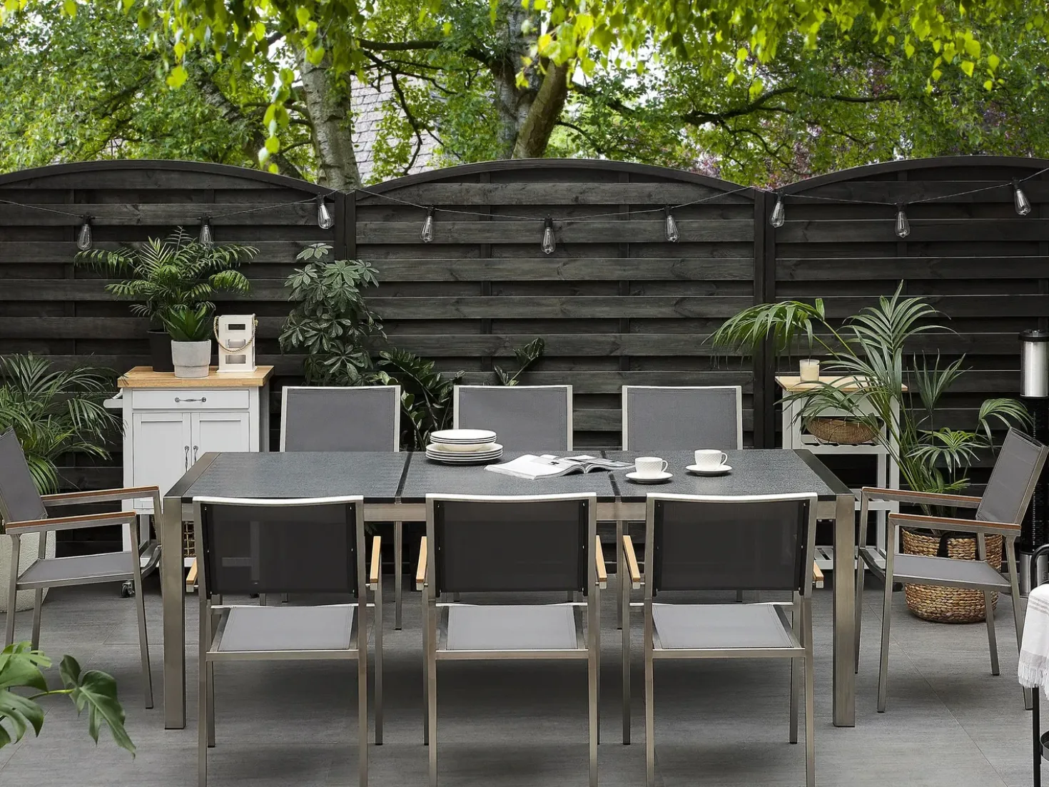 Set da pranzo da giardino 8 posti GROSSETO Piastra tripla Granito fiammato Nero/Grigio