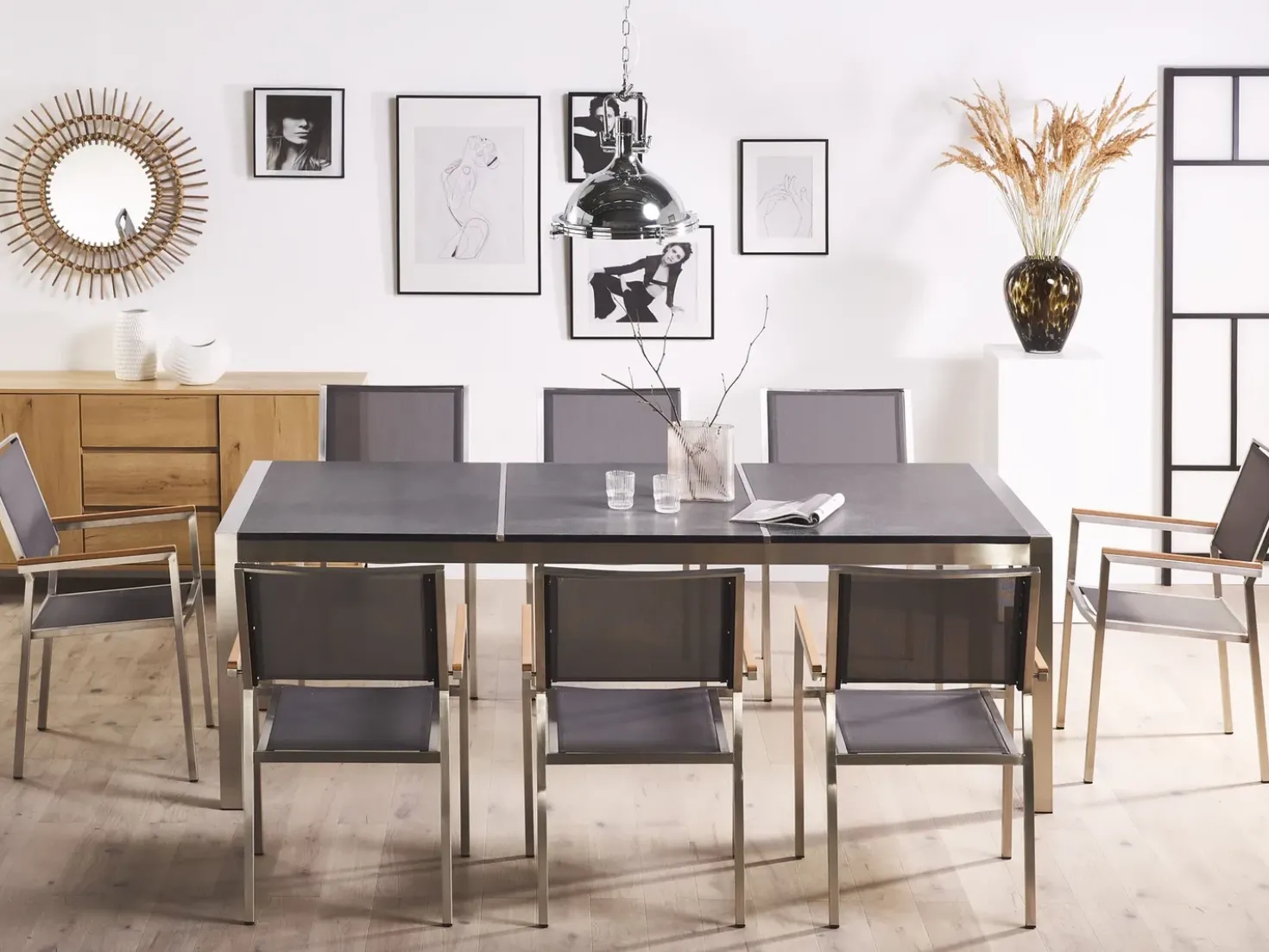 Set da pranzo da giardino 8 posti GROSSETO Piastra tripla Granito fiammato Nero/Grigio