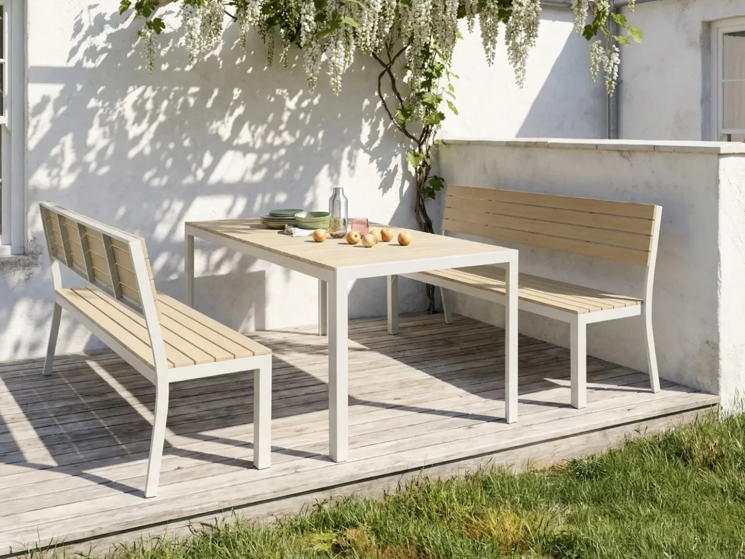 Set da pranzo da giardino con panche 6 posti COMO Beige