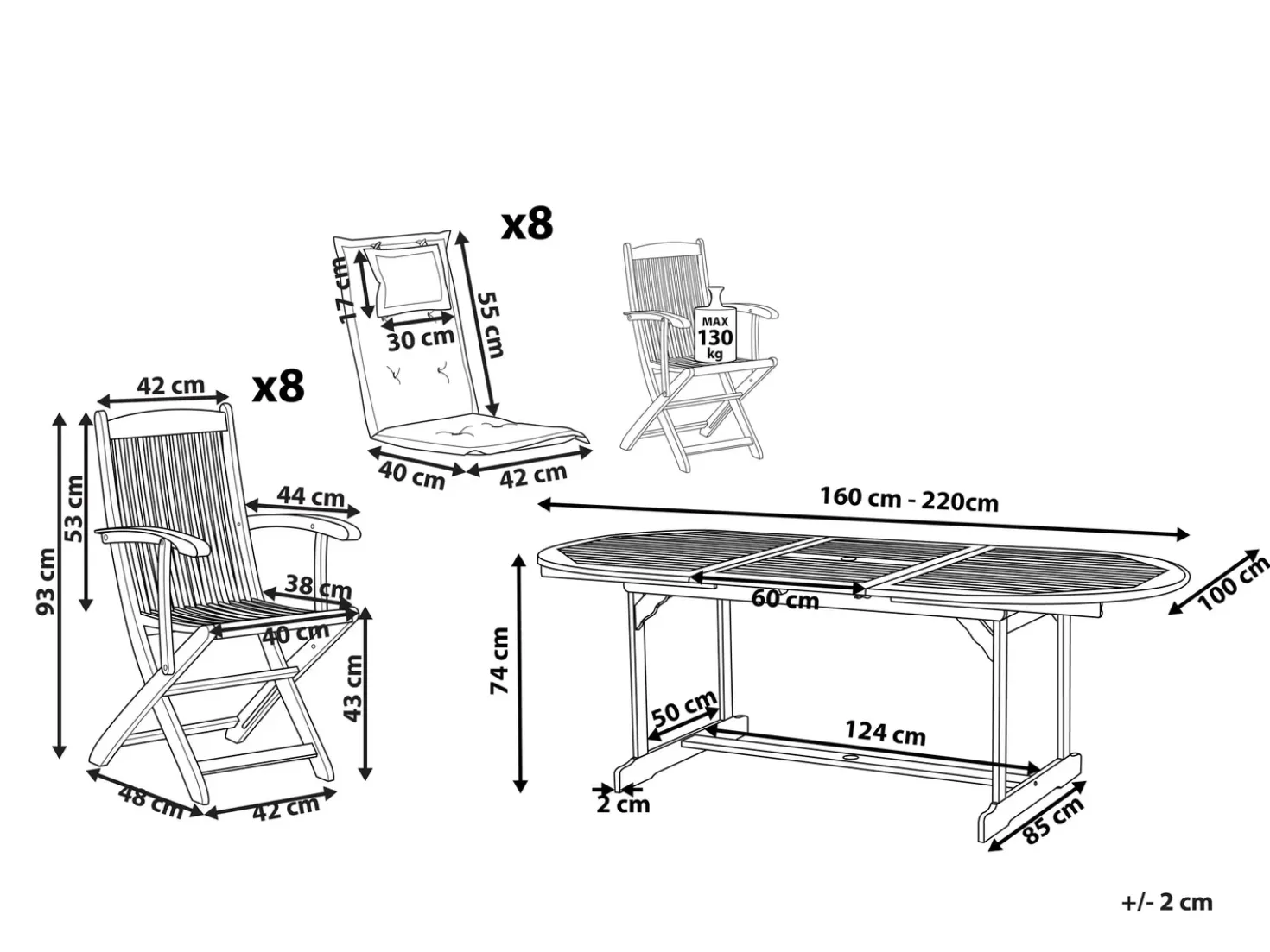 Set da pranzo da giardino 8 posti MAUI con cuscini Legno d'acacia Rosso scuro