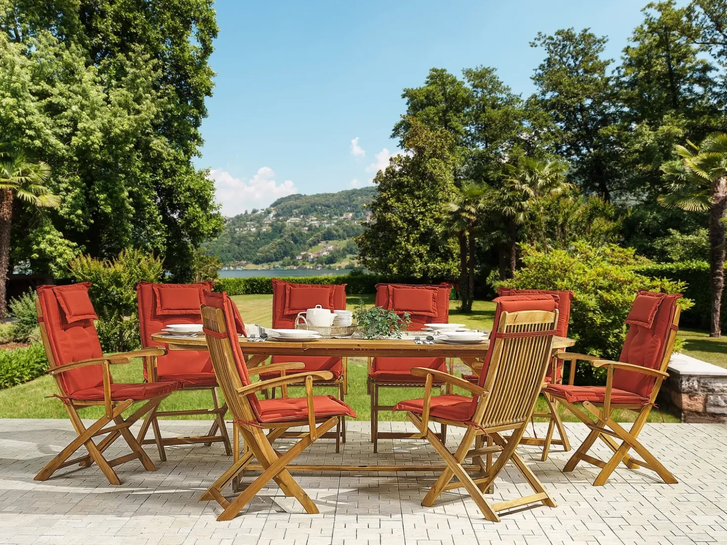Set da pranzo da giardino 8 posti MAUI con cuscini Legno d'acacia Rosso scuro