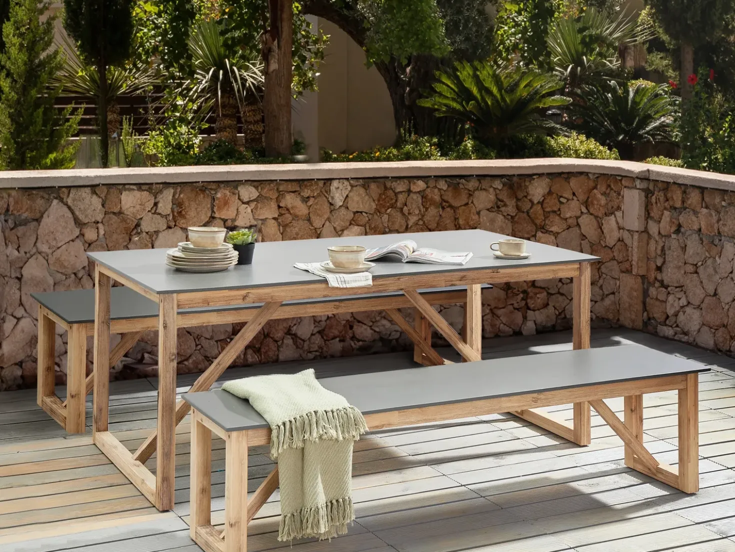 Set da pranzo da giardino con panche NOTTERI Cemento Grigio