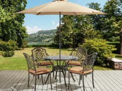 Set da pranzo da giardino 4 posti SALENTO con Ombrellone (16 opzioni) Metallo Marrone scuro