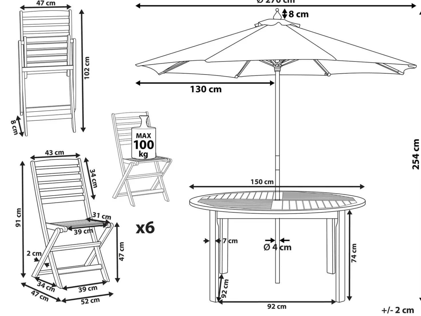 Set da pranzo da giardino 6 posti TOLVE con Ombrellone (12 opzioni) Legno d'acacia Marrone
