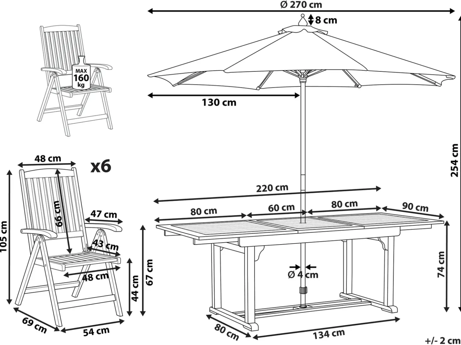 Set da pranzo da giardino 6 posti JAVA con Ombrellone (12 opzioni) Legno d'acacia Marrone chiaro