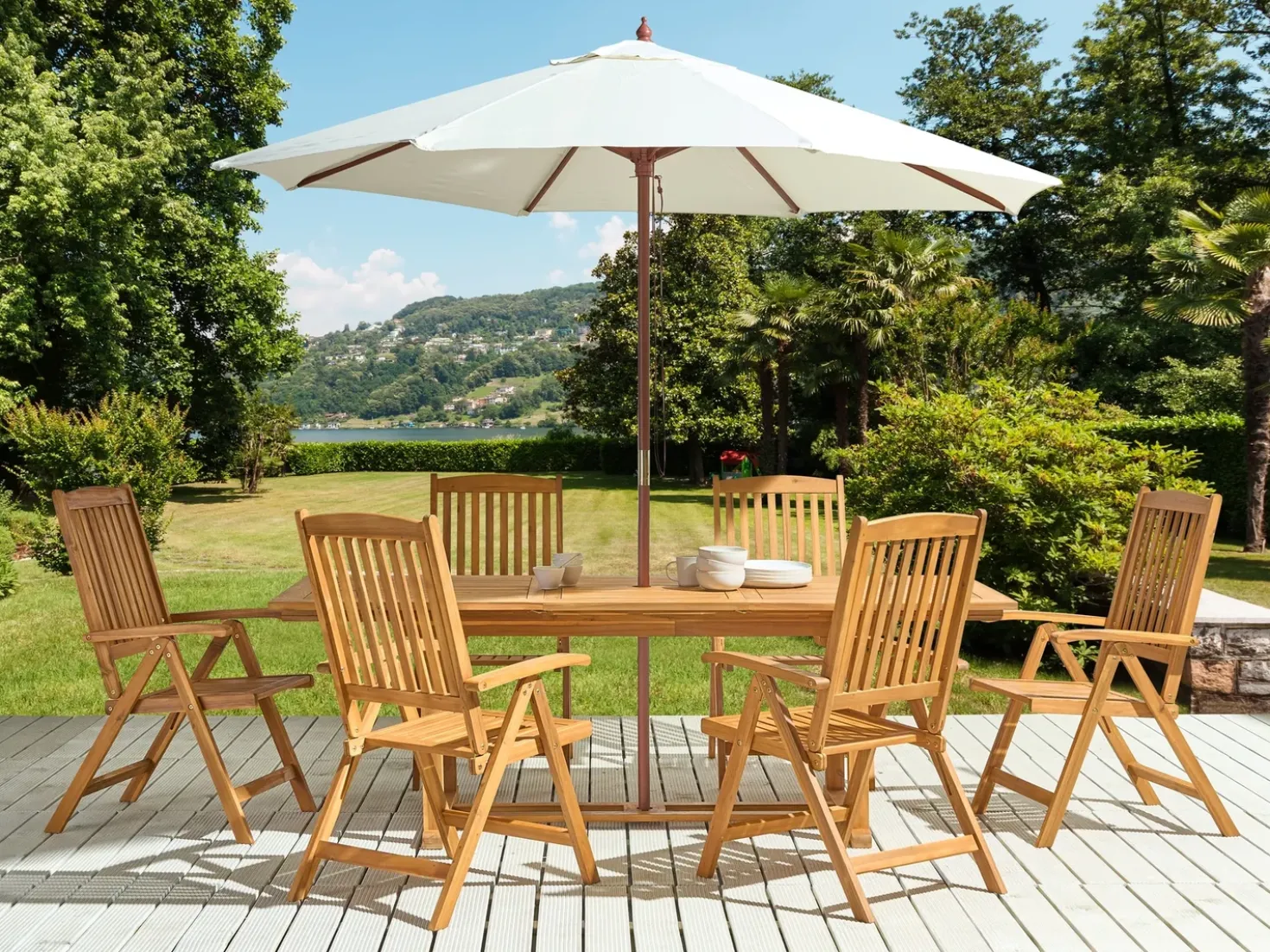 Set da pranzo da giardino 6 posti JAVA con Ombrellone (12 opzioni) Legno d'acacia Marrone chiaro