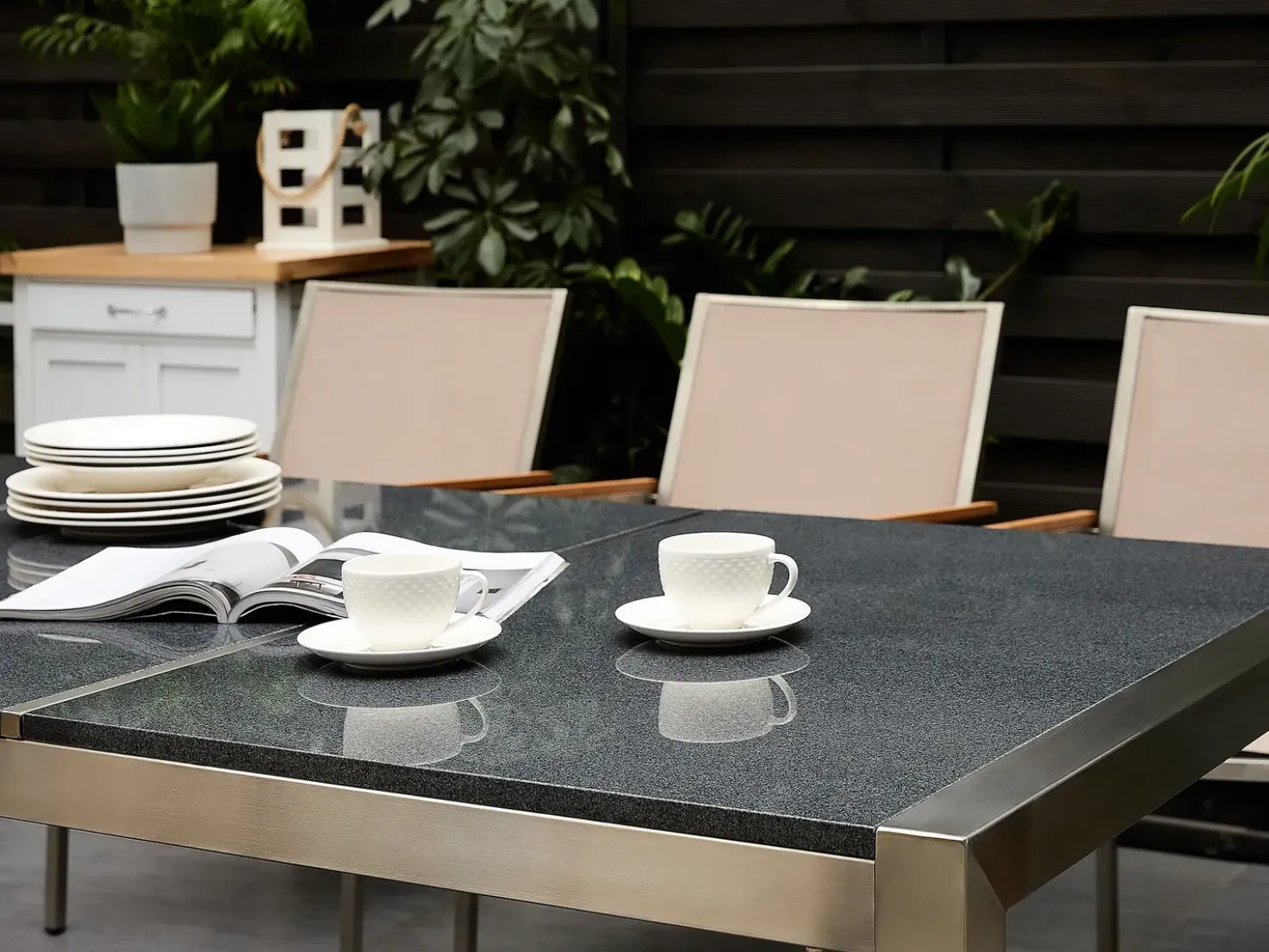 Set da pranzo da giardino 8 posti GROSSETO Piastra tripla Granito Lucido Grigio/Beige