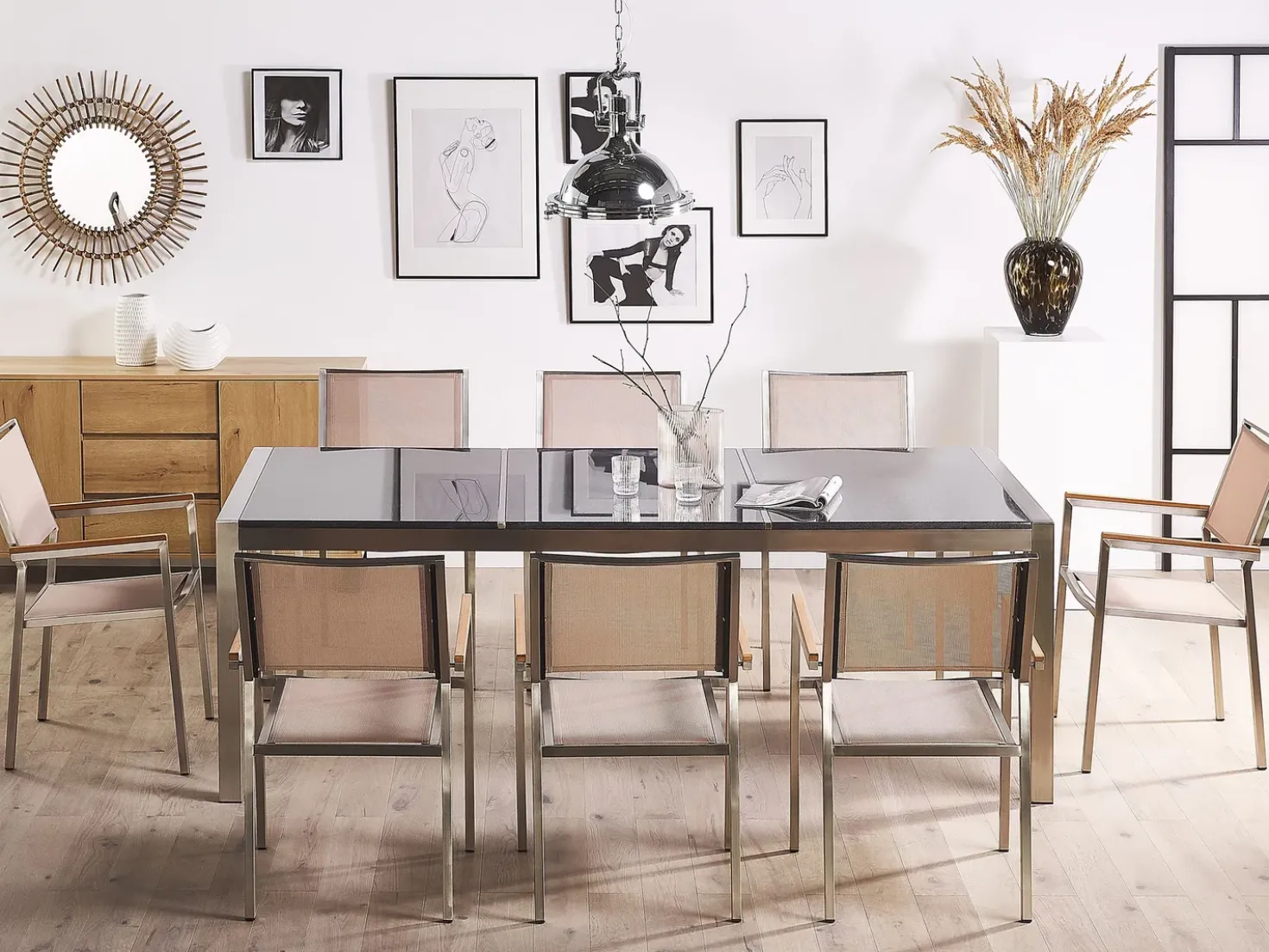 Set da pranzo da giardino 8 posti GROSSETO Piastra tripla Granito Lucido Grigio/Beige