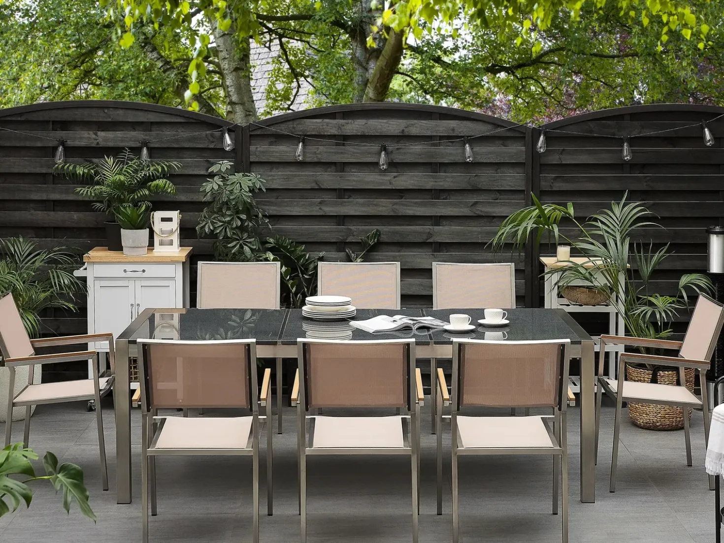Set da pranzo da giardino 8 posti GROSSETO Piastra tripla Granito Lucido Grigio/Beige
