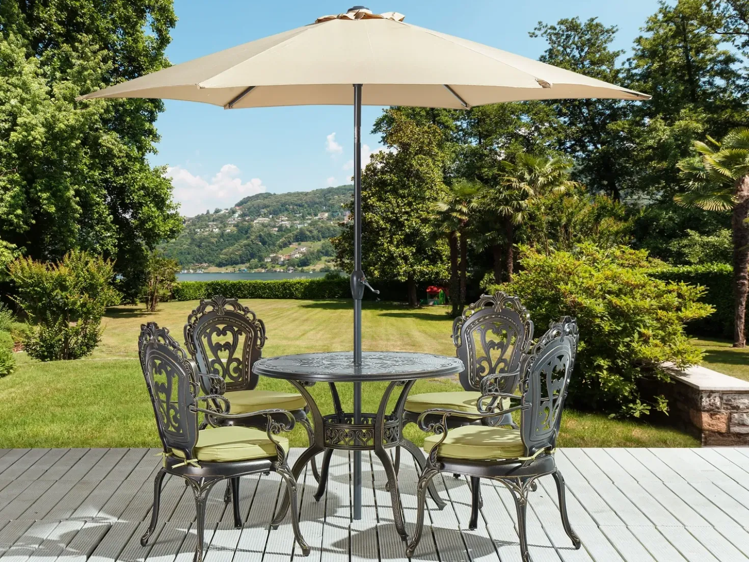Set da pranzo da giardino 4 posti SAPRI con Ombrellone (16 opzioni) Metallo Marrone scuro