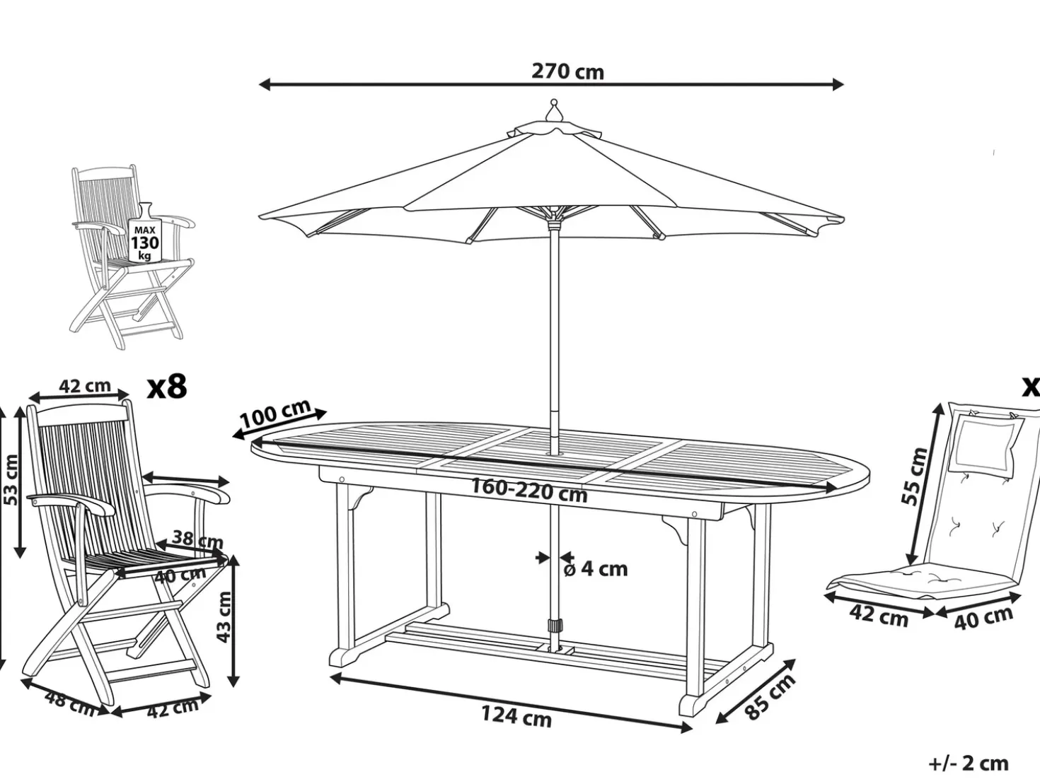 Set da pranzo da giardino 8 posti MAUI con Ombrellone Legno d'acacia Rosso scuro