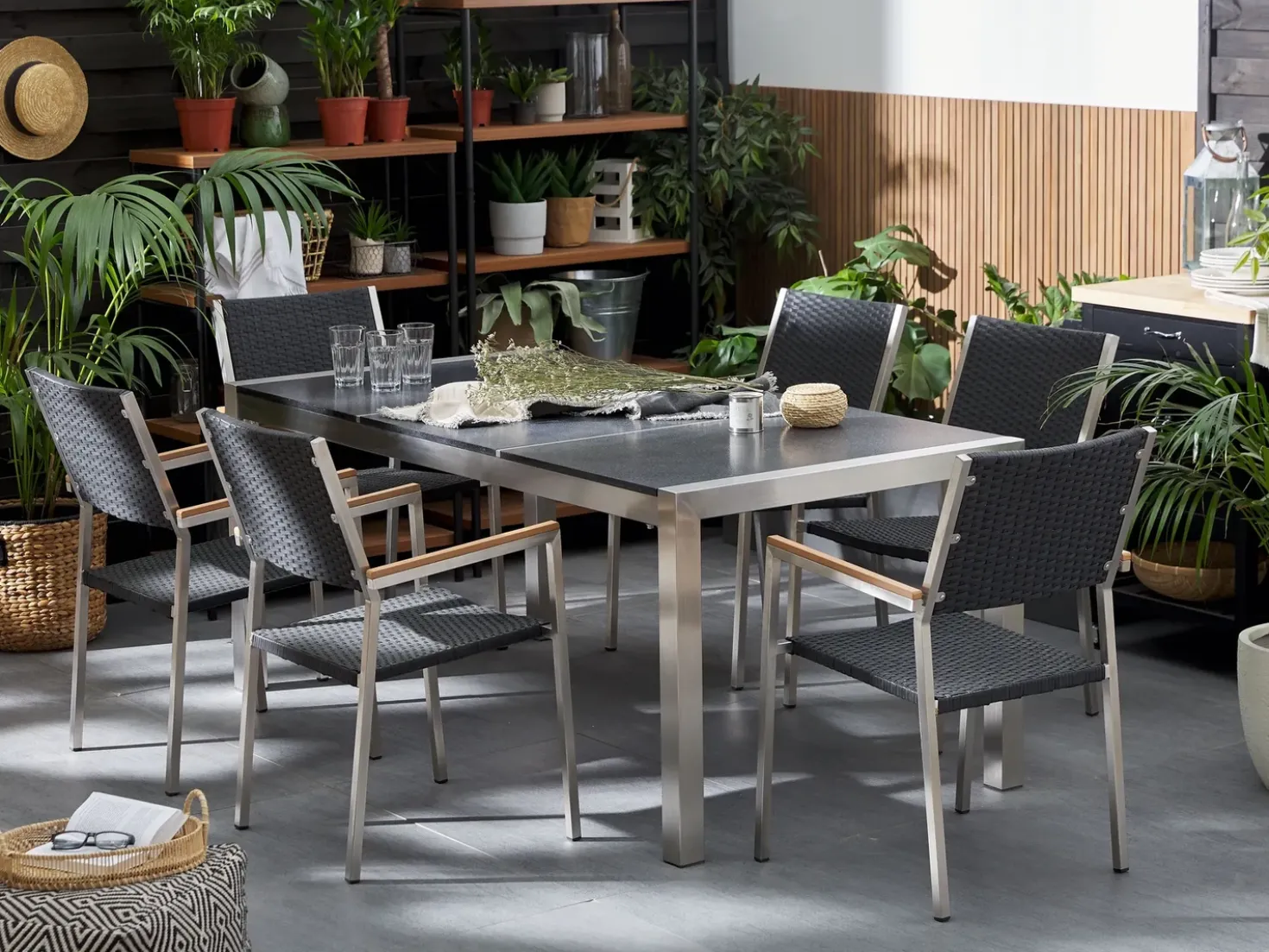 Set da pranzo da giardino 6 posti GROSSETO Piastra tripla Basalto fiammato Nero