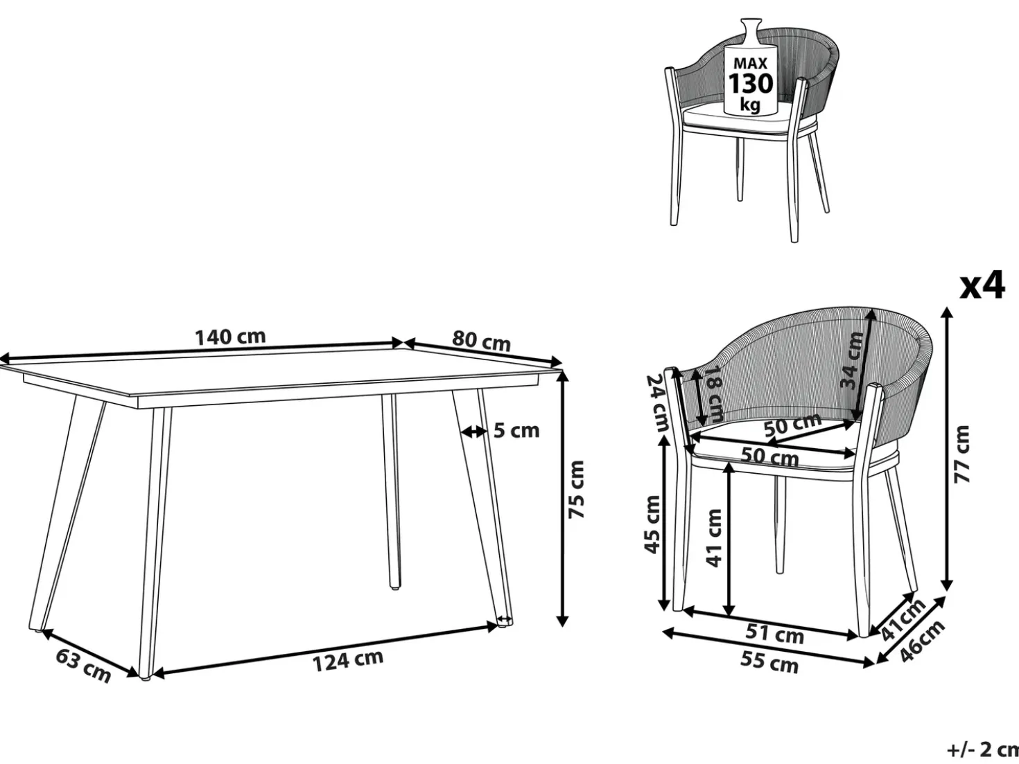 Set da pranzo da giardino 4 posti MILETO con cuscini Metallo Grigio