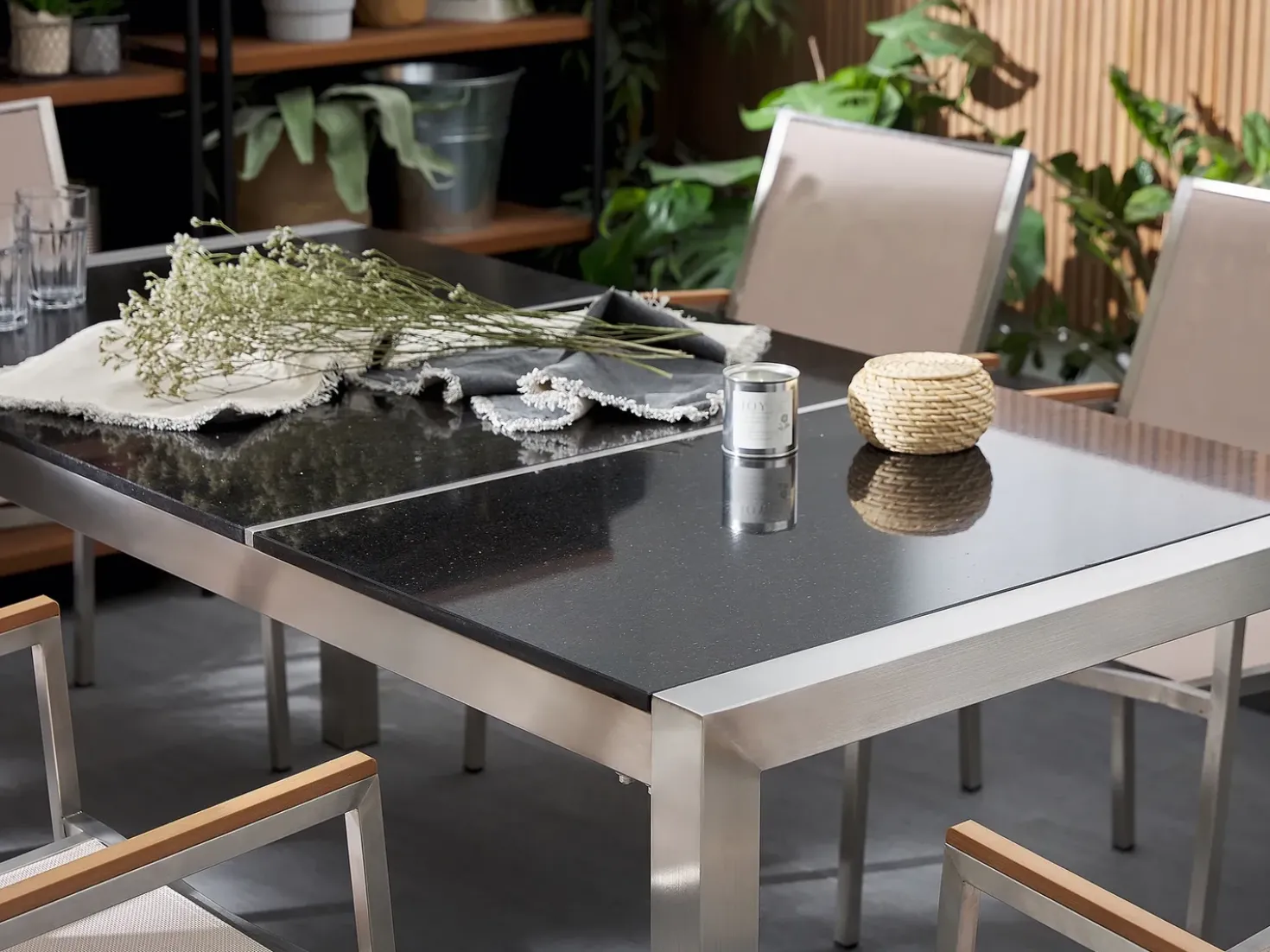 Set da pranzo da giardino 6 posti GROSSETO Piastra tripla Granito Lucido Grigio/Nero