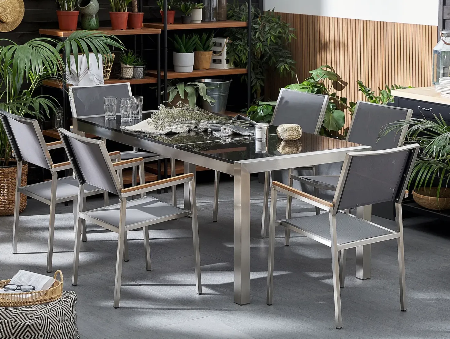 Set da pranzo da giardino 6 posti GROSSETO Piastra tripla Granito Lucido Grigio/Nero