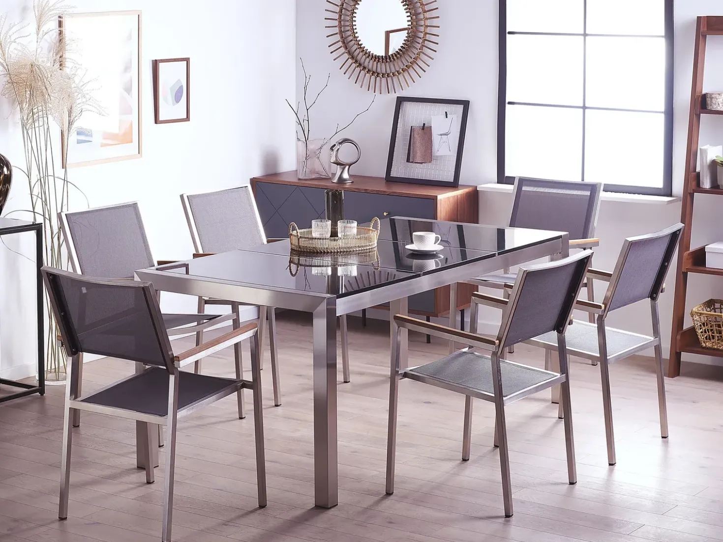Set da pranzo da giardino 6 posti GROSSETO Piastra tripla Granito Lucido Grigio/Nero