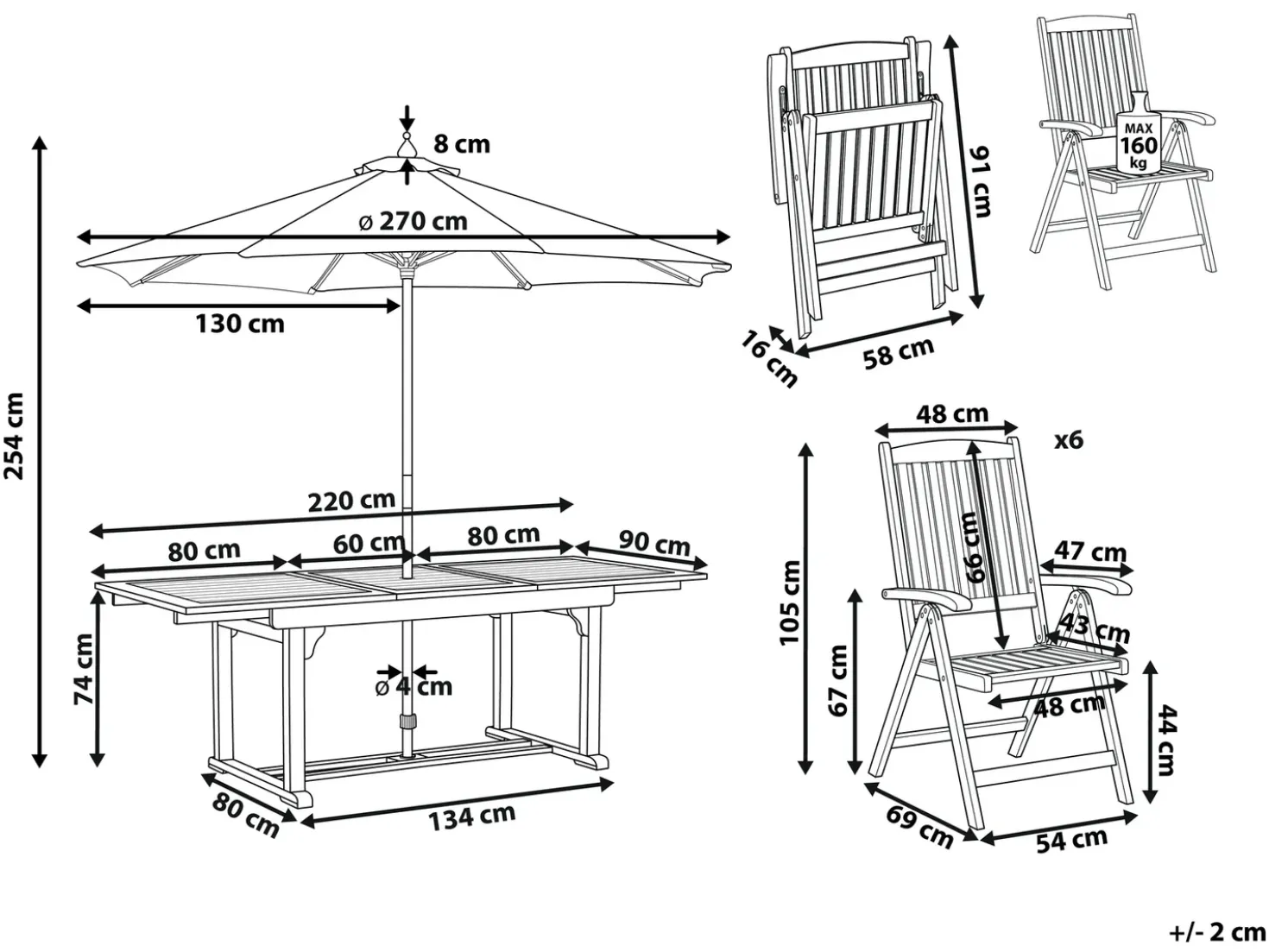 Set da pranzo da giardino 6 posti AMANTEA con Ombrellone Legno d'acacia Blu
