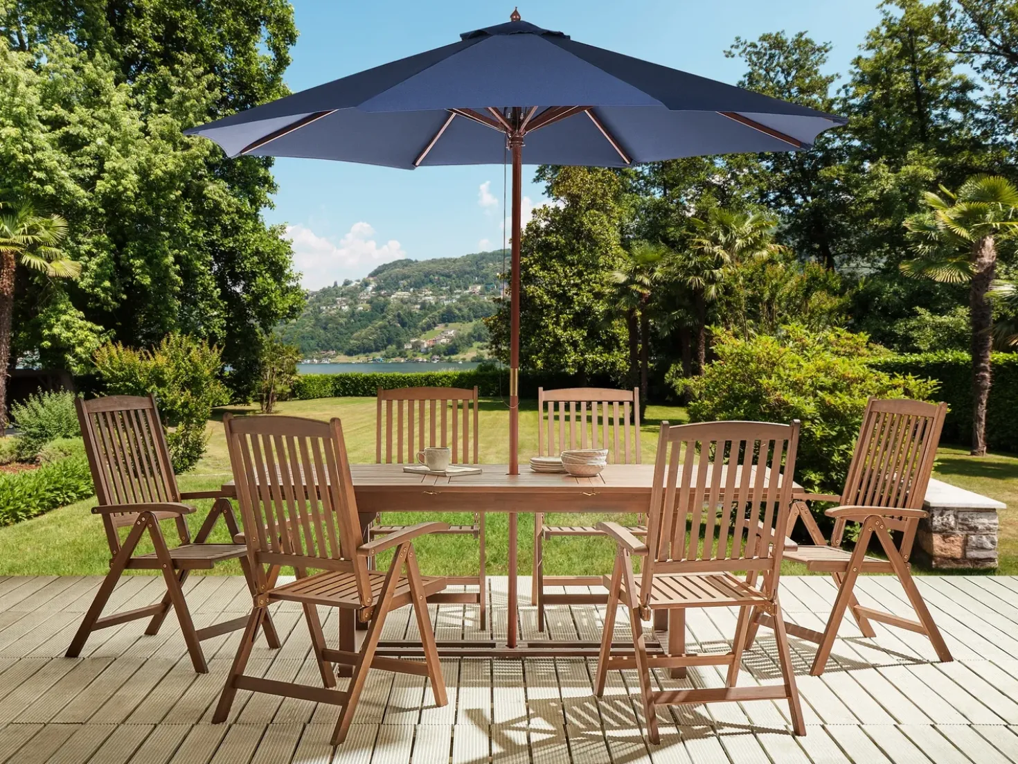 Set da pranzo da giardino 6 posti AMANTEA con Ombrellone Legno d'acacia Blu