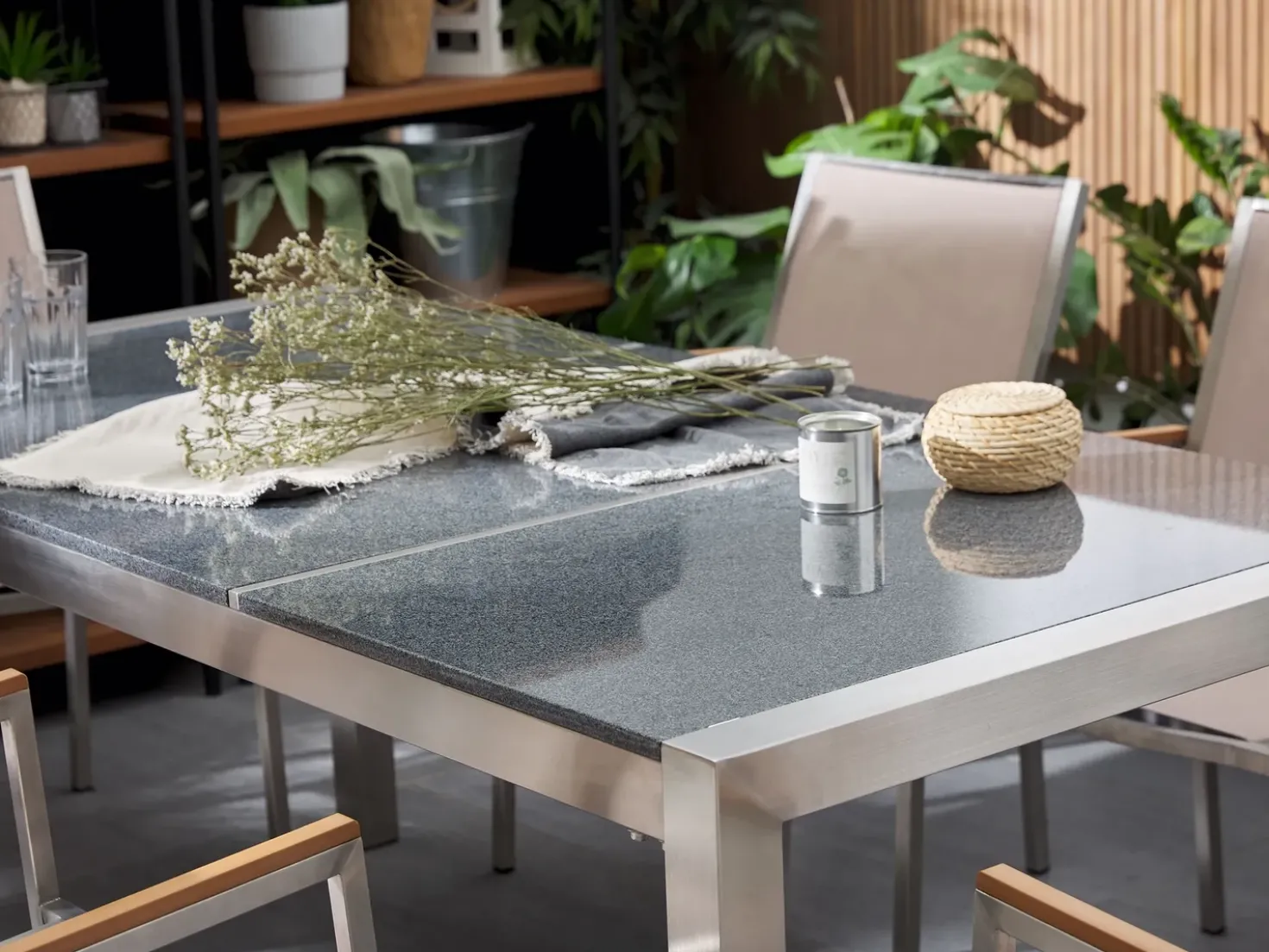 Set da pranzo da giardino 6 posti GROSSETO Piastra tripla Granito Lucido Nero/Bianco