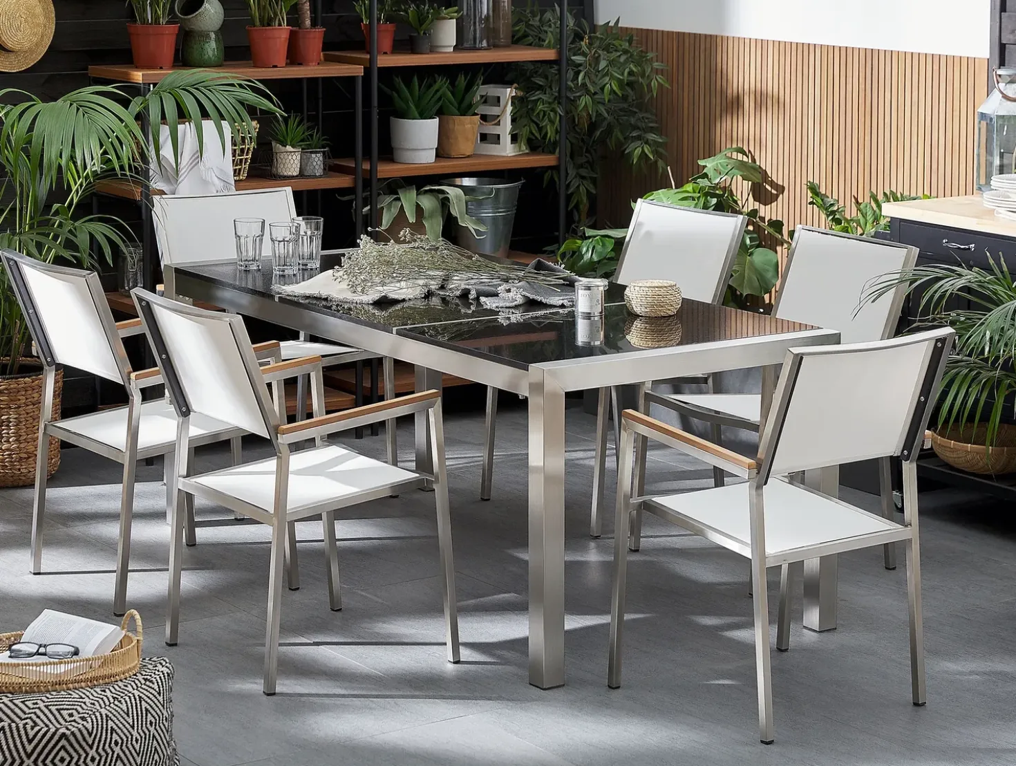 Set da pranzo da giardino 6 posti GROSSETO Piastra tripla Granito Lucido Nero/Bianco