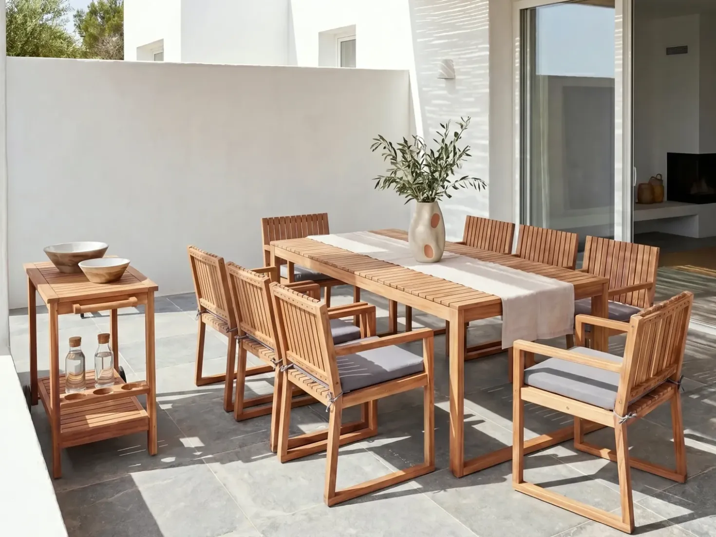 Set da pranzo da giardino 8 posti SASSARI PREMIUM con cuscini Legno di acacia certificato Grigio chiaro