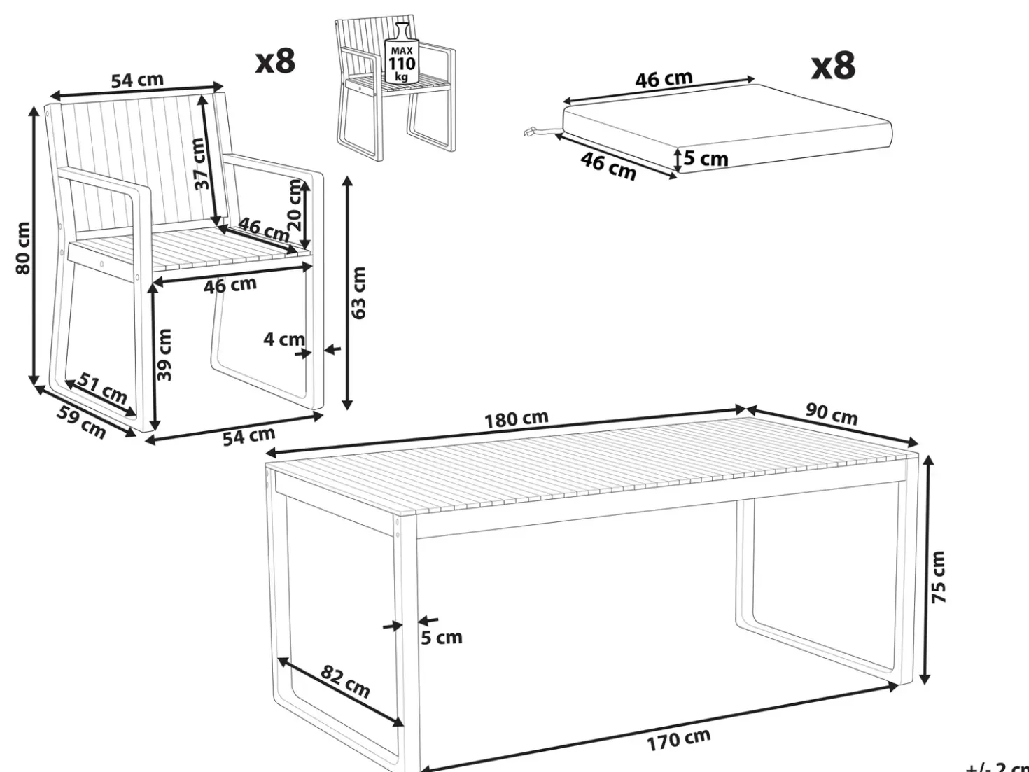 Set da pranzo da giardino 8 posti SASSARI PREMIUM con cuscini Legno di acacia certificato Grigio chiaro